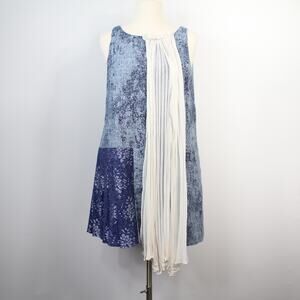 Bensoni Blue Ivory Drape Linen Sleeveless Shift Dress